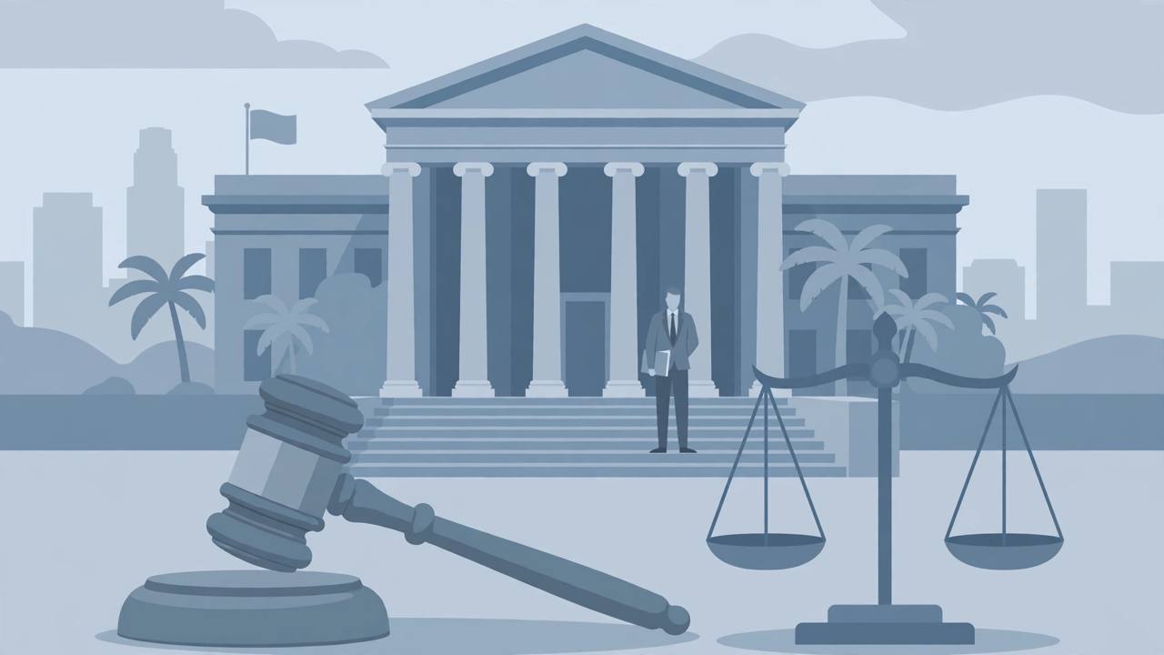 Editorial illustration of a federal courthouse in Los Angeles with a generic prosecutor figure on the steps, a gavel and scales of justice in the foreground