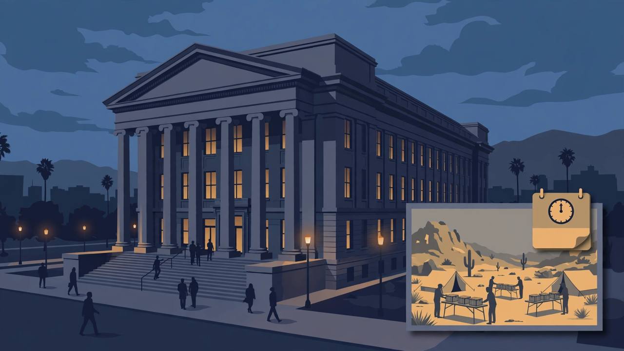Editorial illustration of a Los Angeles federal courthouse at dusk with a small inset scene of a desert campsite with folding tables and a midnight clock, representing the alleged New Year's Eve bomb plot case