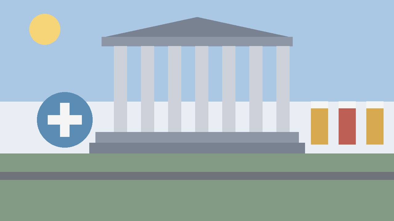 Editorial illustration of a generic courthouse with columns, a medical shield and billing documents, flat style, no text, no real person, company or place depicted