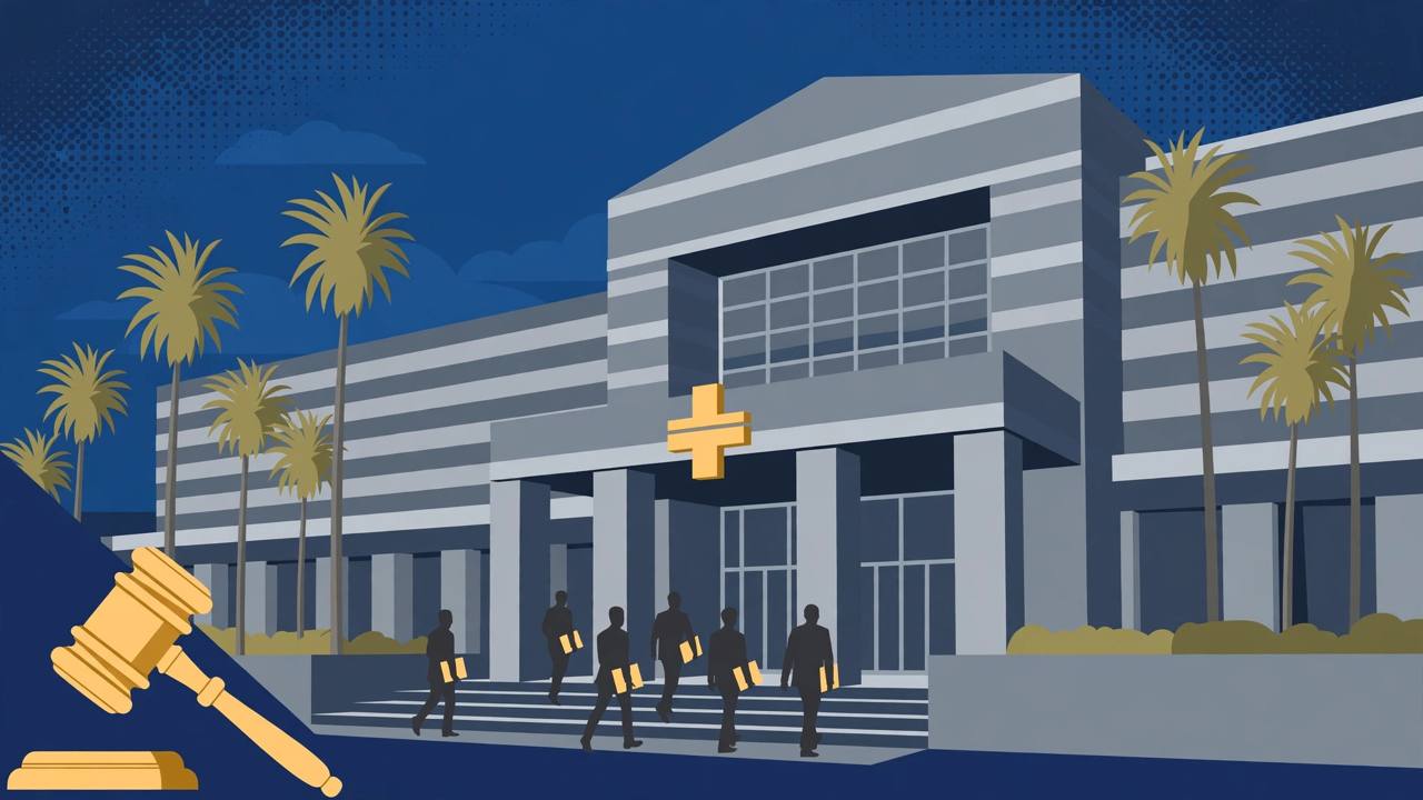 Editorial illustration of a Los Angeles courthouse with palm trees, a medical cross on the facade and generic silhouetted figures carrying folders up the steps, with a gavel in the foreground, flat style, no text, no real people