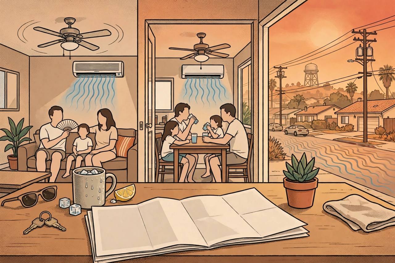 Editorial illustration of a Los Angeles home in extreme heat with a large utility bill on a table and power lines outside, flat style, no real person depicted
