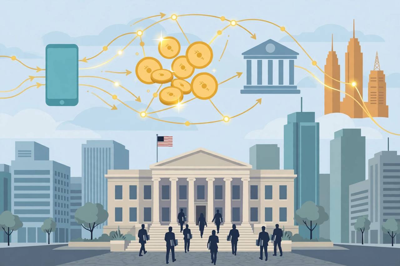 Editorial illustration of a Los Angeles federal courthouse with generic figures carrying case files, and above it a network of glowing cryptocurrency coins flowing between a smartphone, a bank and distant towers