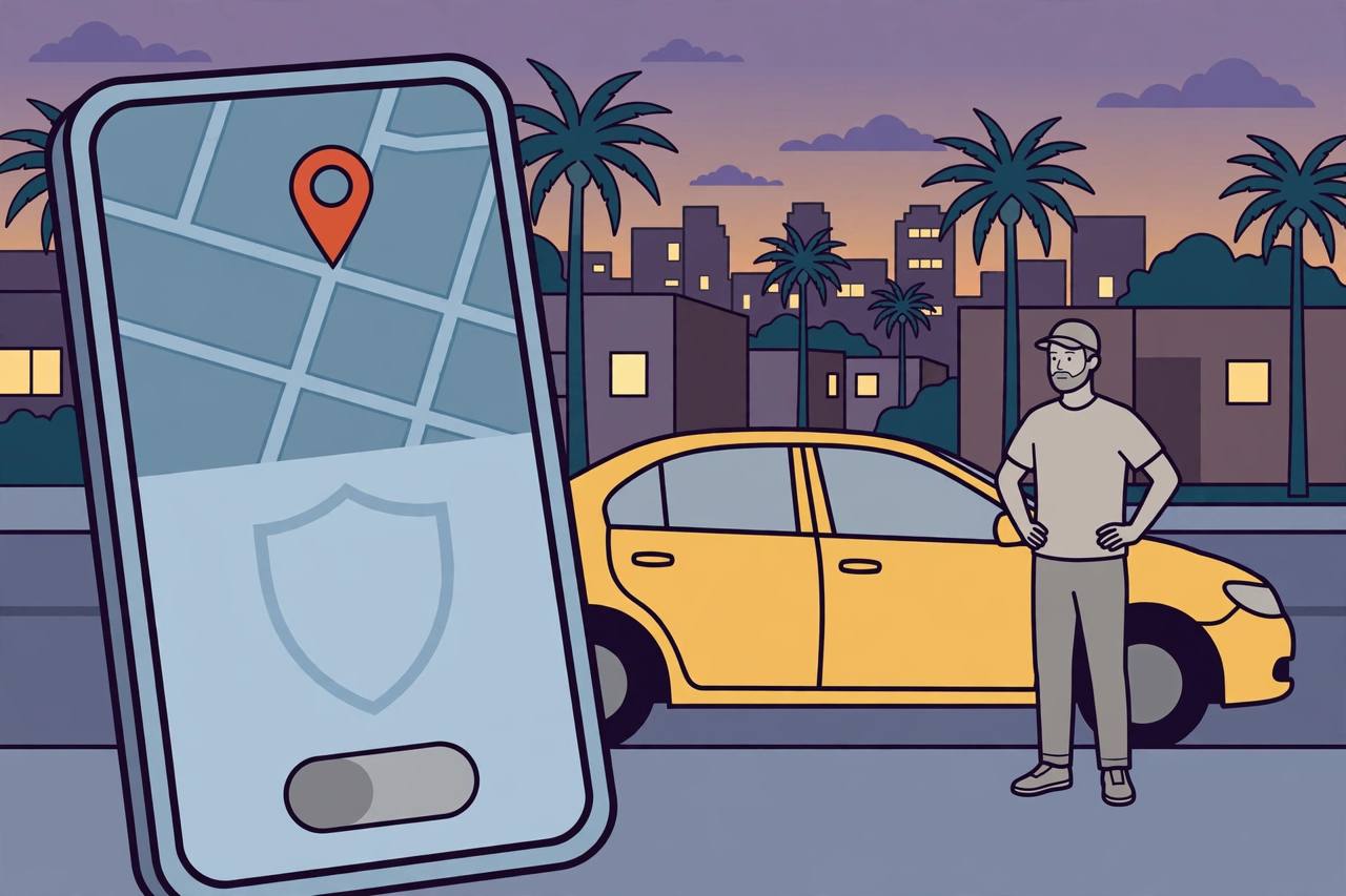 Editorial illustration of a large smartphone showing a map with a location pin and a privacy shield with a toggle, beside a rideshare car and a generic driver figure on a California street with palm trees at dusk, in a flat style