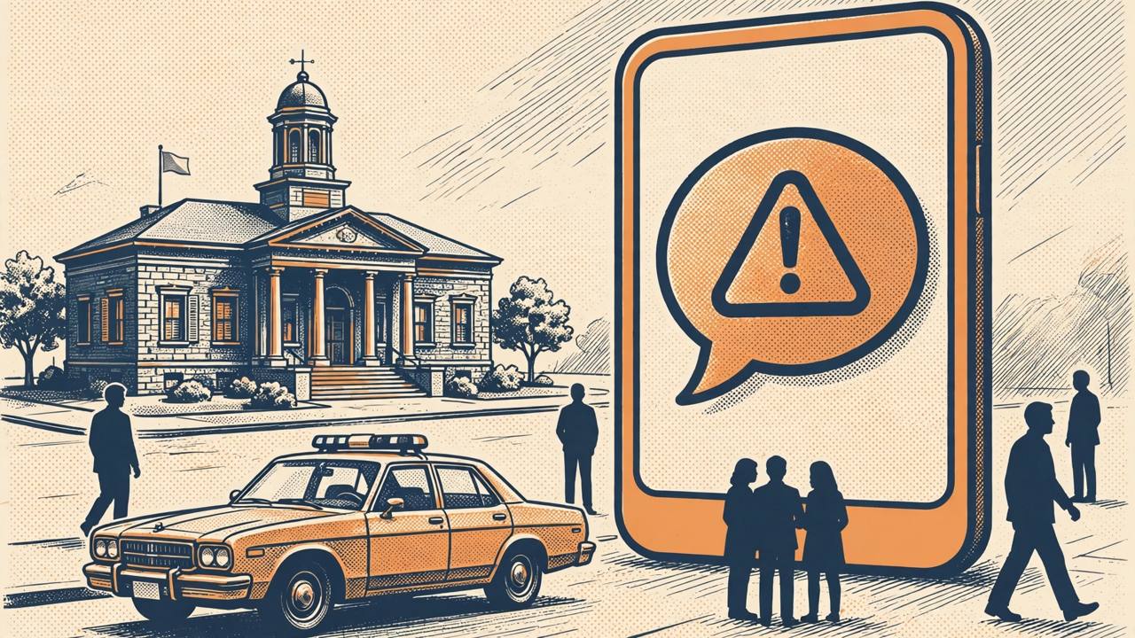 Editorial illustration of a generic California city hall, a police car and a smartphone showing a warning symbol in a speech bubble, flat style, no real person depicted