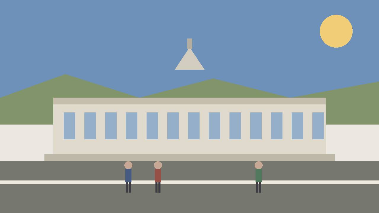 Editorial illustration of the Marin County civic centre building with generic figures walking toward the entrance, hills behind