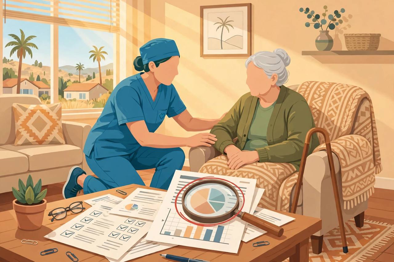 Editorial illustration of a home caregiver with an elderly person and billing documents under investigation