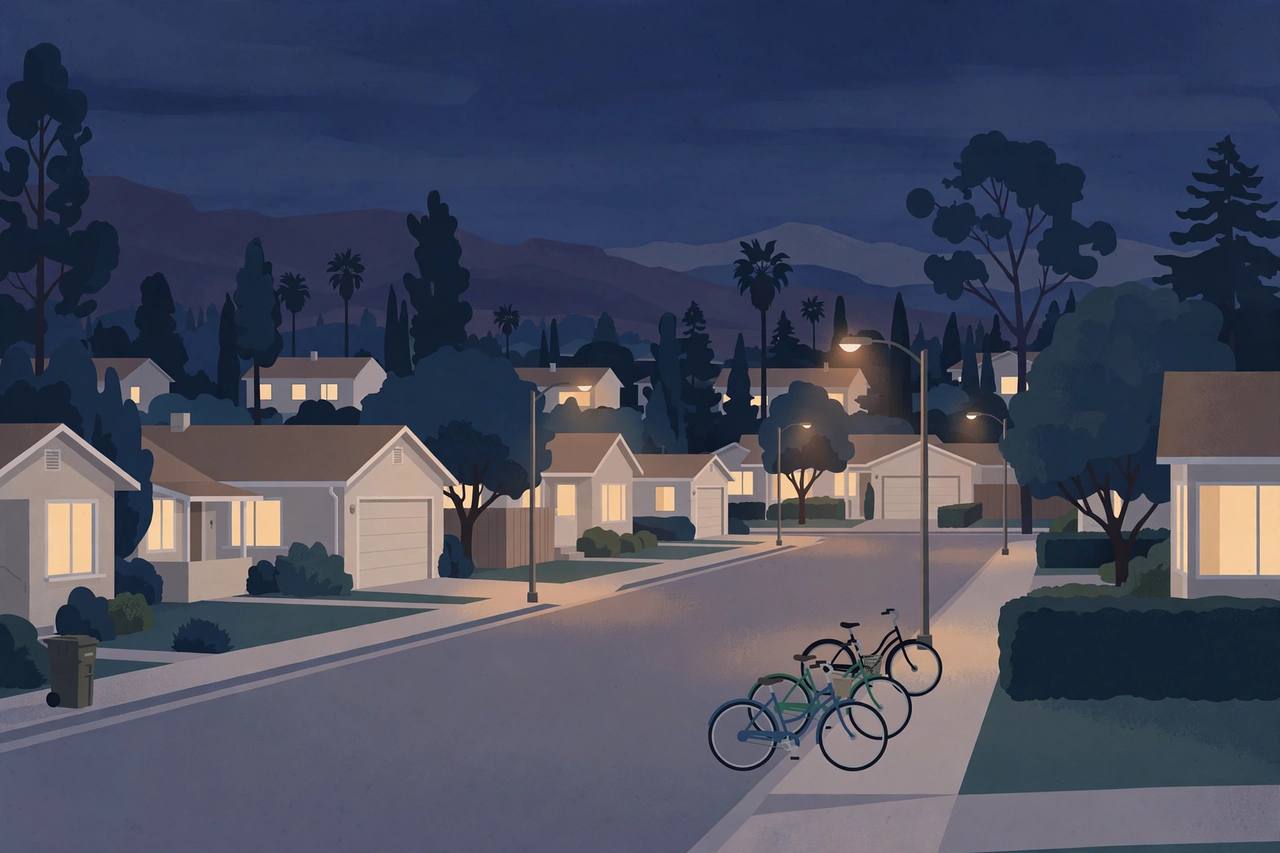 Editorial illustration of a quiet residential street at night in Montclair, California, with bicycles parked at the curb under streetlights; no people, no vehicles and no incident depicted