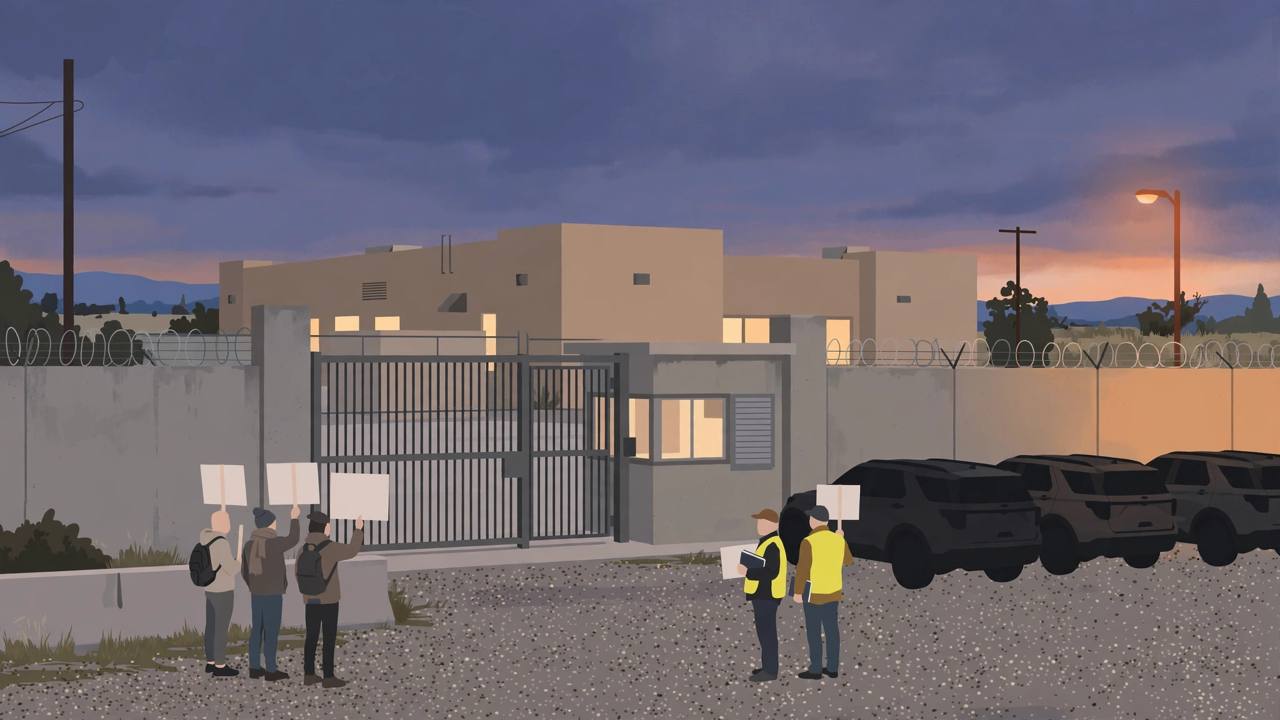 Editorial illustration of a county jail sallyport gate in Salinas, California at dusk, with generic legal observers and protesters outside, unmarked dark vehicles in a gravel lot and a sheriff's office building behind