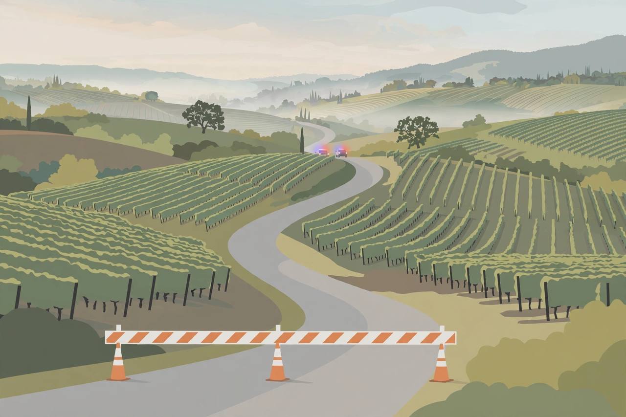 Editorial illustration of a winding Napa County wine-country highway in morning light with a road-closed barrier and distant emergency lights; no person or wreckage is depicted