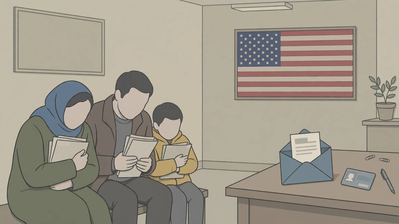 Editorial illustration of a generic immigrant family holding paperwork in a citizenship office, with a ballot envelope and an ID card on a desk and a US flag on the wall