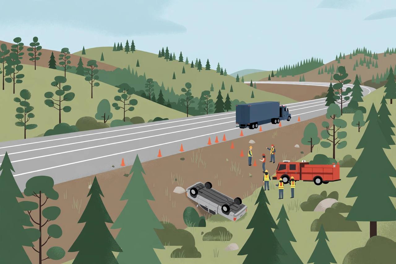 Editorial illustration of an interstate highway in Placer County with a semi-truck stopped on the shoulder and an overturned silver pickup truck on an embankment, with a fire vehicle and traffic cones nearby, flat style, no text, no real person depicted