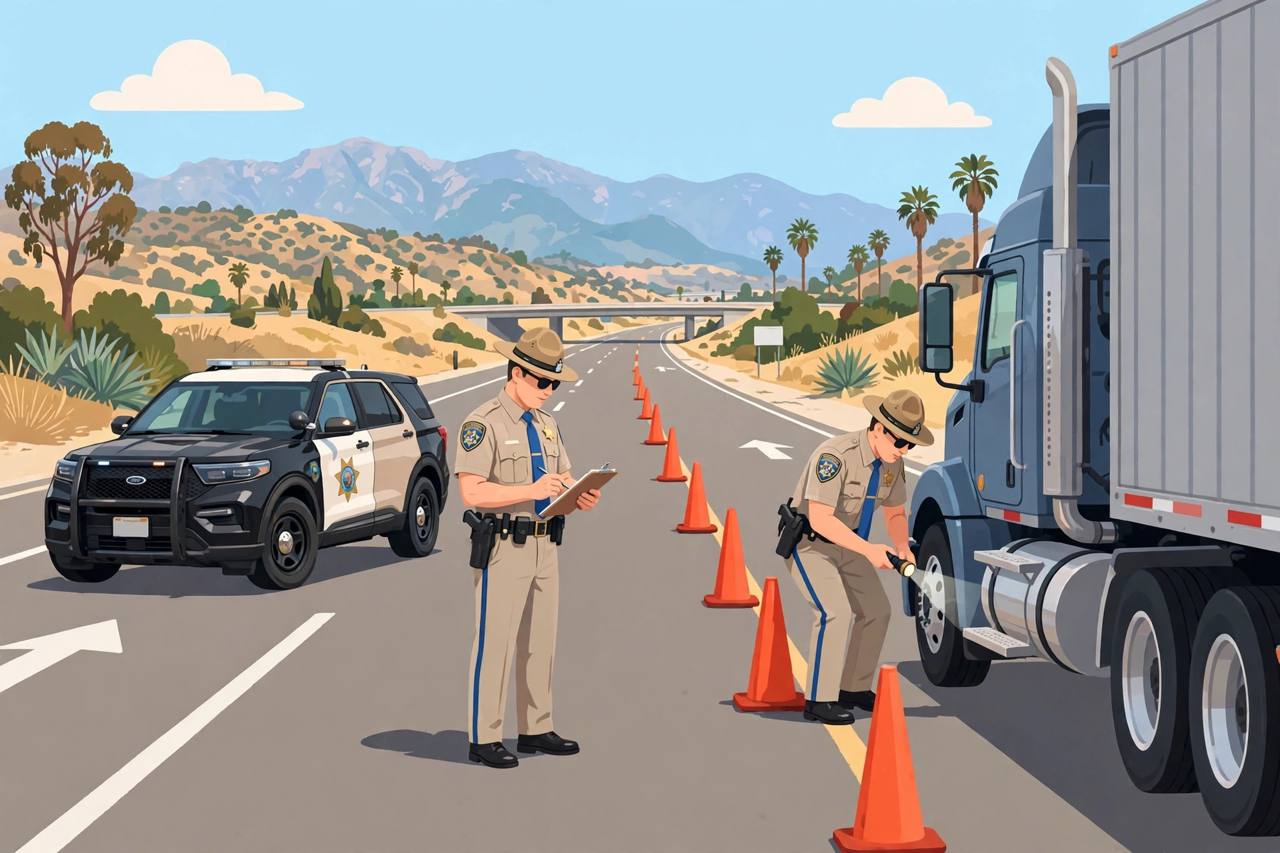 Editorial illustration of California Highway Patrol officers inspecting a semi truck at a roadside commercial vehicle checkpoint near Newhall