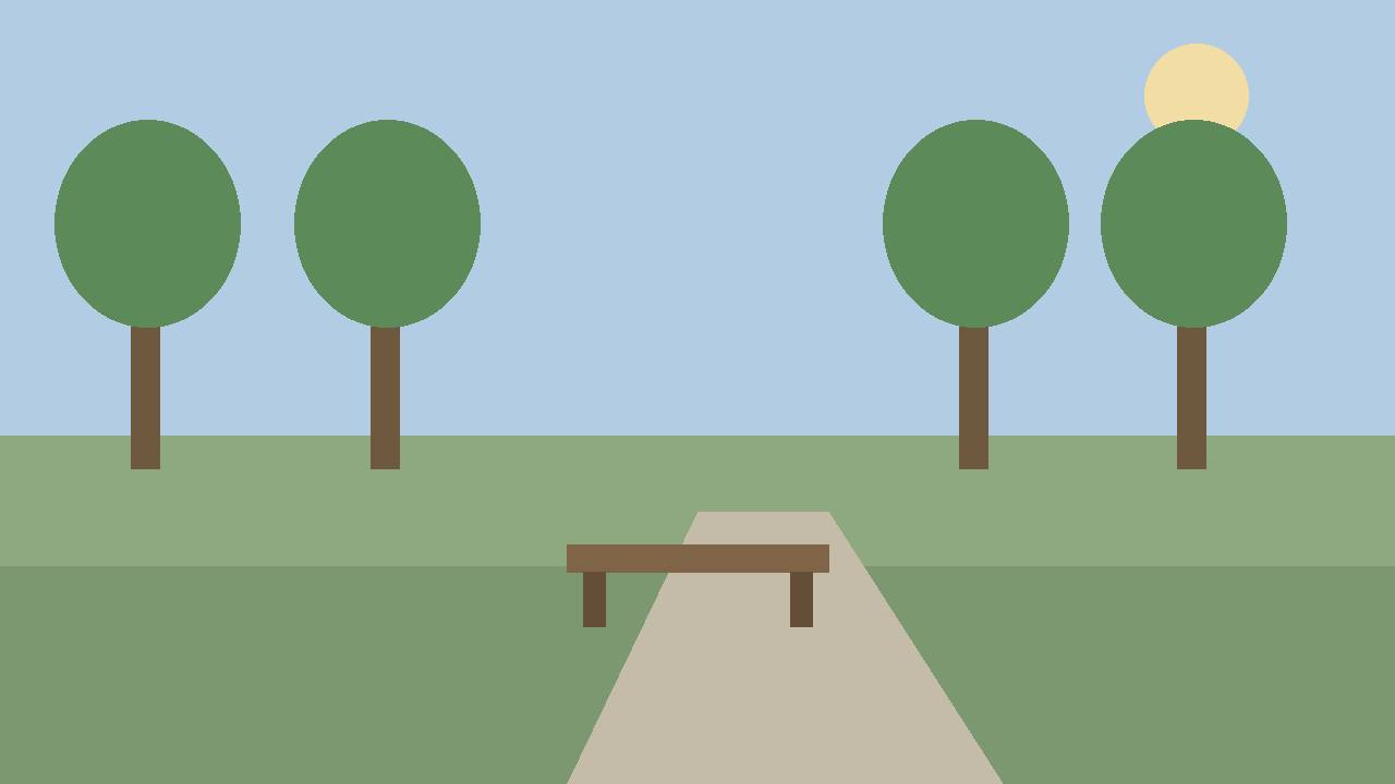 Editorial illustration of a generic quiet park with trees, a path and an empty bench, flat style, no people, no incident, no text, no real place depicted