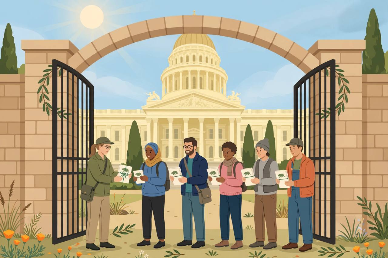Editorial illustration of generic figures receiving a second chance in front of a generic California capitol building, flat style, no real person