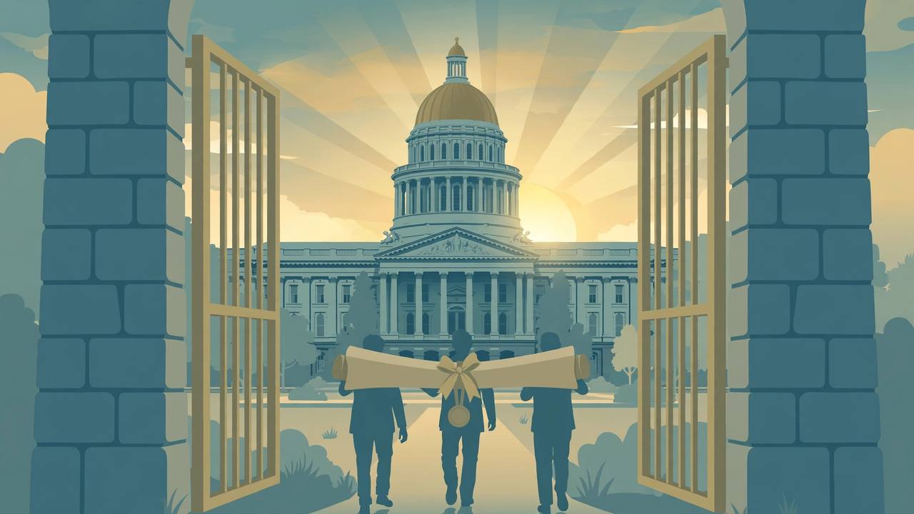 Editorial illustration of the California State Capitol dome in Sacramento behind an opening prison gate at sunrise, with generic figures walking toward the light