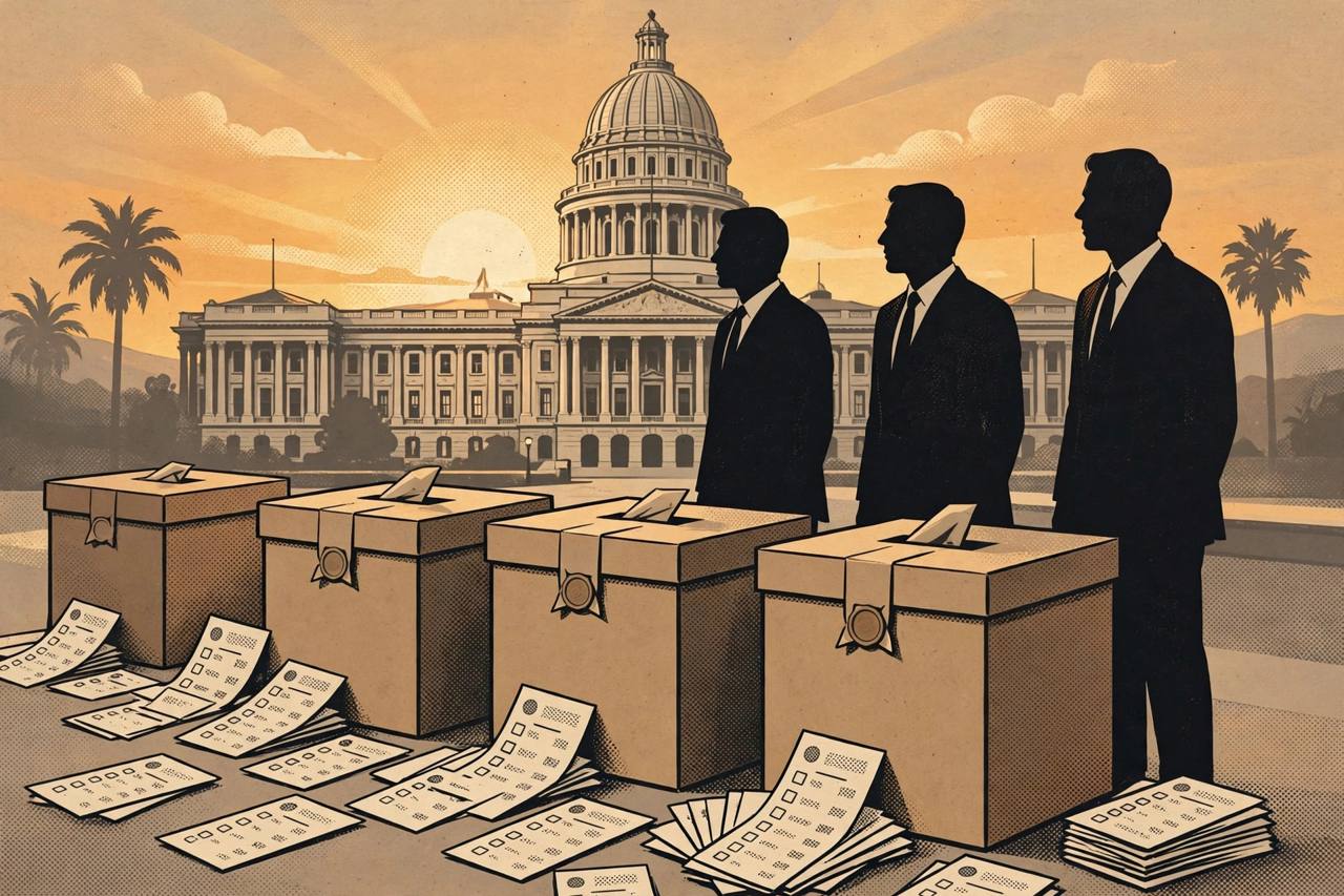 Editorial illustration of sealed ballot boxes and paper ballots in front of a state capitol dome, with three generic silhouetted lawyers standing beside the boxes