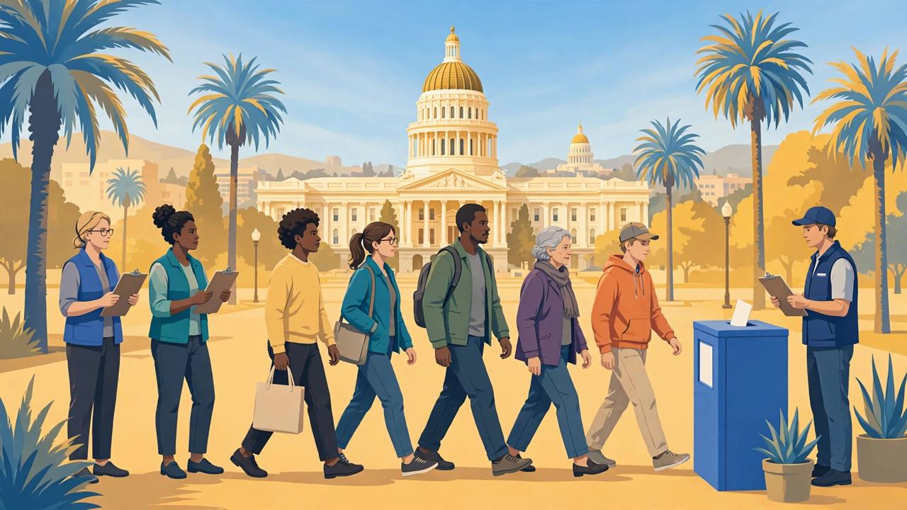 Editorial illustration of California voters queuing at a ballot drop box in front of the golden-domed state capitol, watched by observers with clipboards
