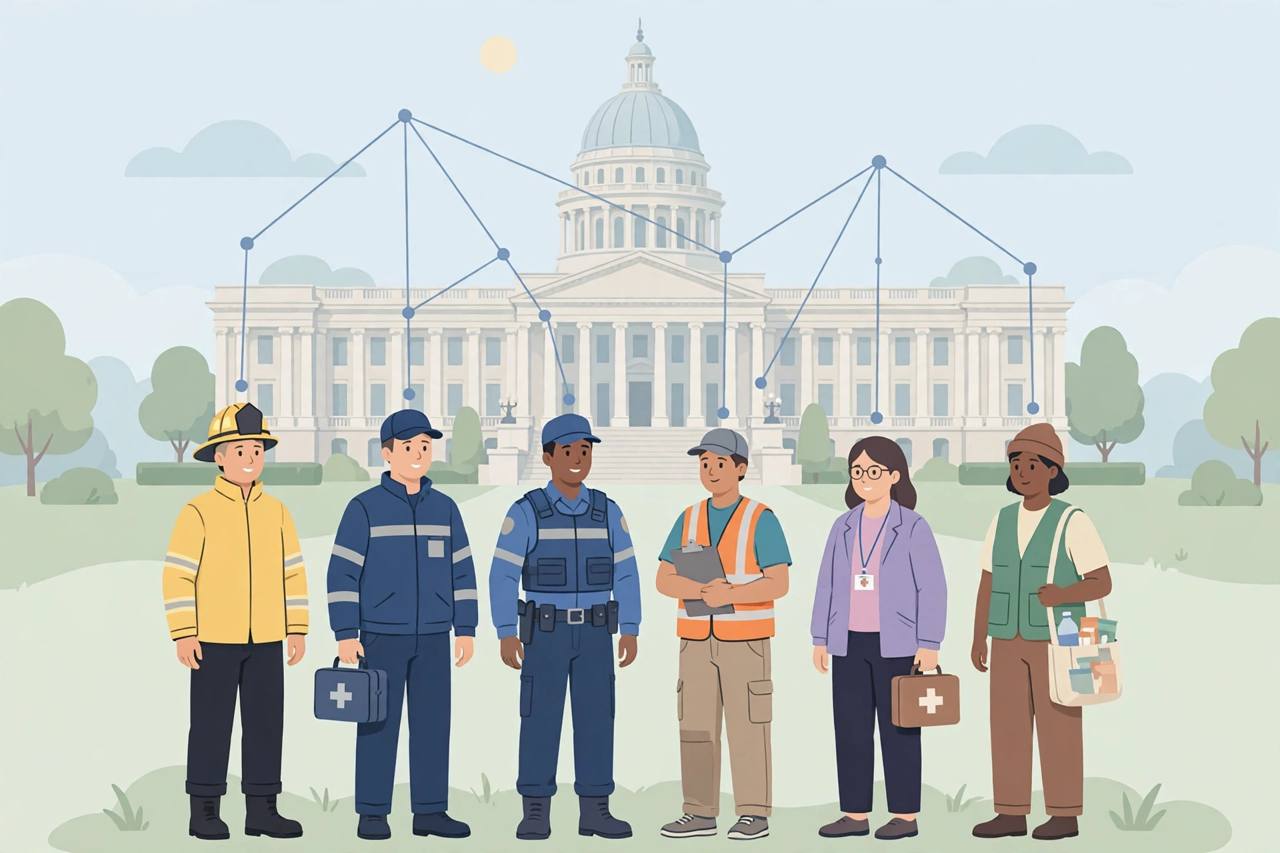 Editorial illustration of generic public safety and community workers coordinating in front of a generic California capitol building, flat style, no real person