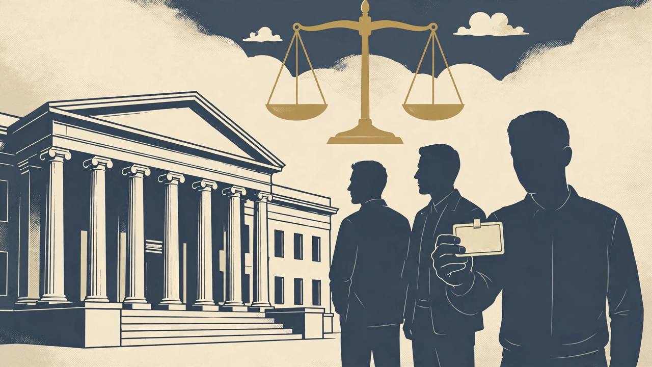 Editorial illustration of a courthouse, generic federal officers and a scale of justice, representing the court fight over California's identification law for federal agents