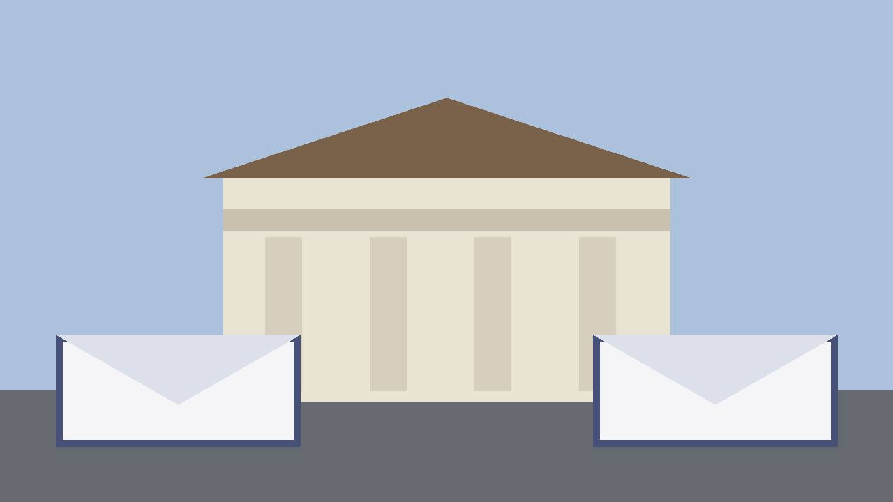 Editorial illustration of a generic courthouse with columns and two plain mail-ballot envelopes in the foreground, flat style, no real person depicted, no text