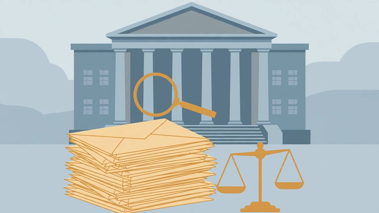 Editorial illustration of a courthouse with columns, a large stack of plain mail ballot envelopes, a magnifying glass and scales of justice, flat style, no people and no text
