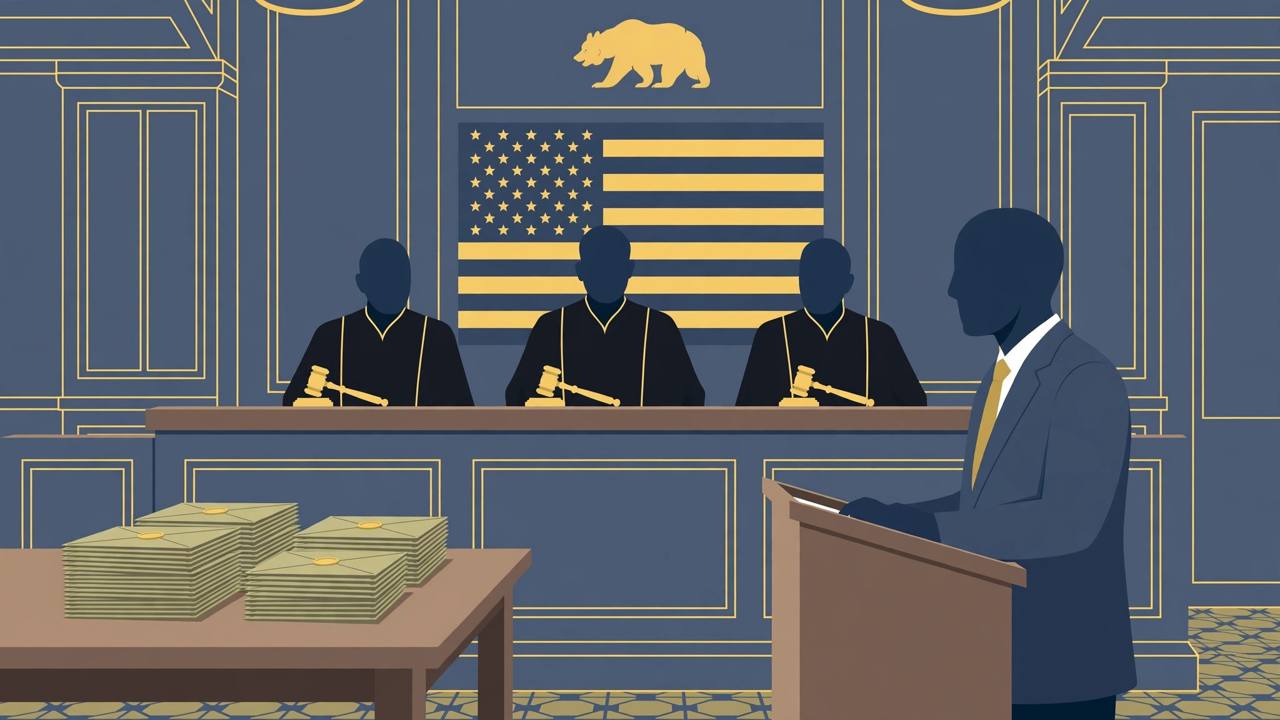 Editorial illustration of federal appeals judges questioning a government lawyer in a courtroom, with sealed mail ballot envelopes on a side table; generic figures only, no real person's face