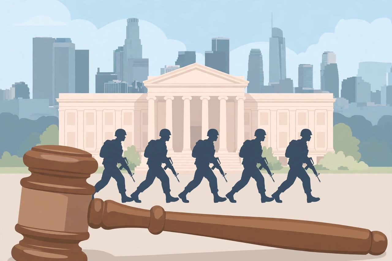 Editorial illustration of a generic federal courthouse in California with National Guard figures stepping back and a gavel in the foreground, flat style, no real person depicted