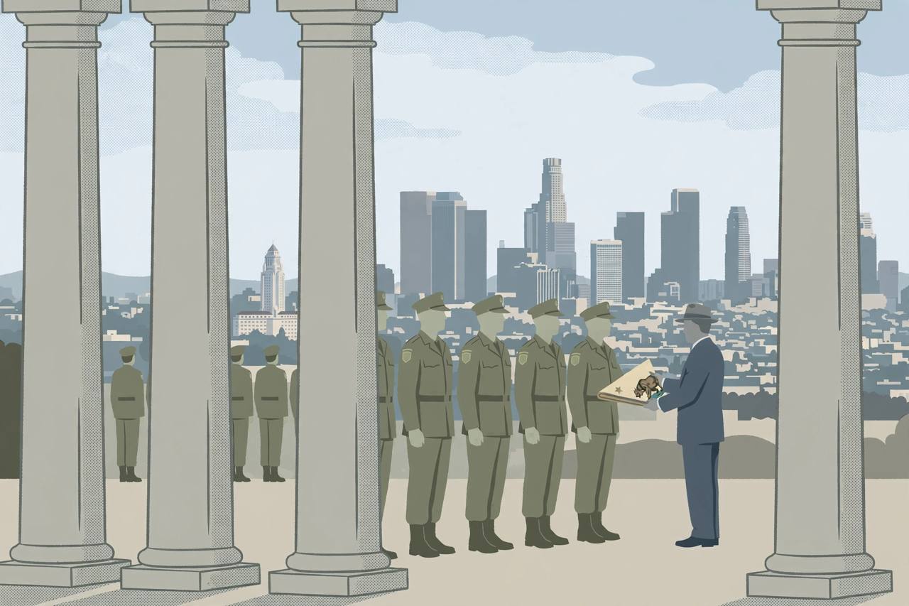 Editorial illustration of a courthouse, a folded California flag and generic National Guard figures, flat style, no real person depicted