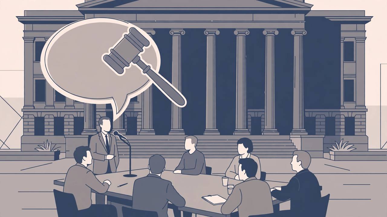 Editorial illustration of a courthouse with columns behind a workplace meeting where one figure speaks into a microphone, with a judge's gavel inside a speech bubble