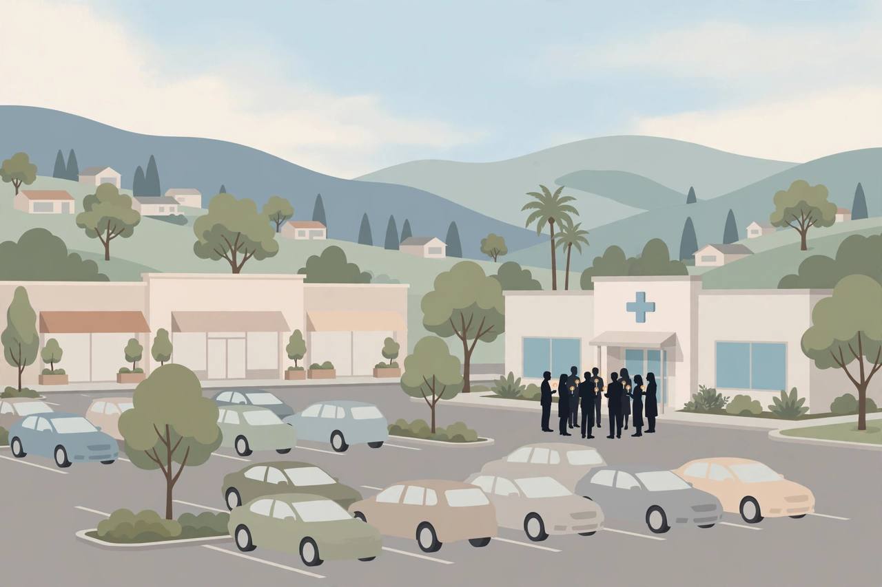 Editorial illustration of a generic mall parking lot and community health clinic in Oakland, California, with generic figures holding a peaceful vigil; no real person is shown