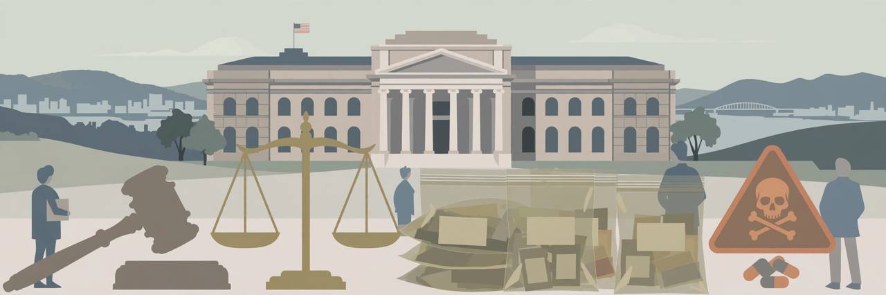 Editorial illustration of a federal courthouse in Oakland, California, with a gavel and scales of justice and sealed evidence bags