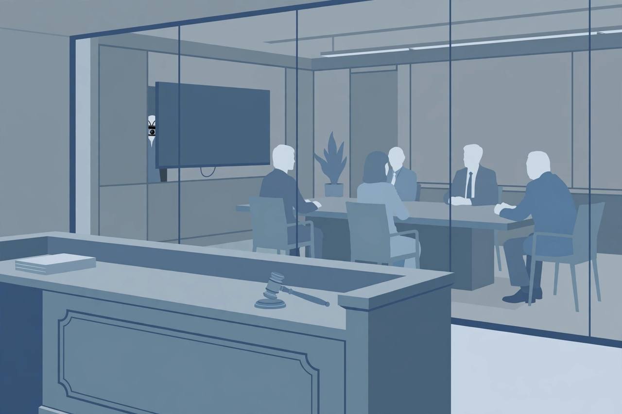 Editorial illustration of a generic executive conference room with a small hidden recording device behind a wall television and a courtroom gavel in the foreground, flat style, no real person depicted