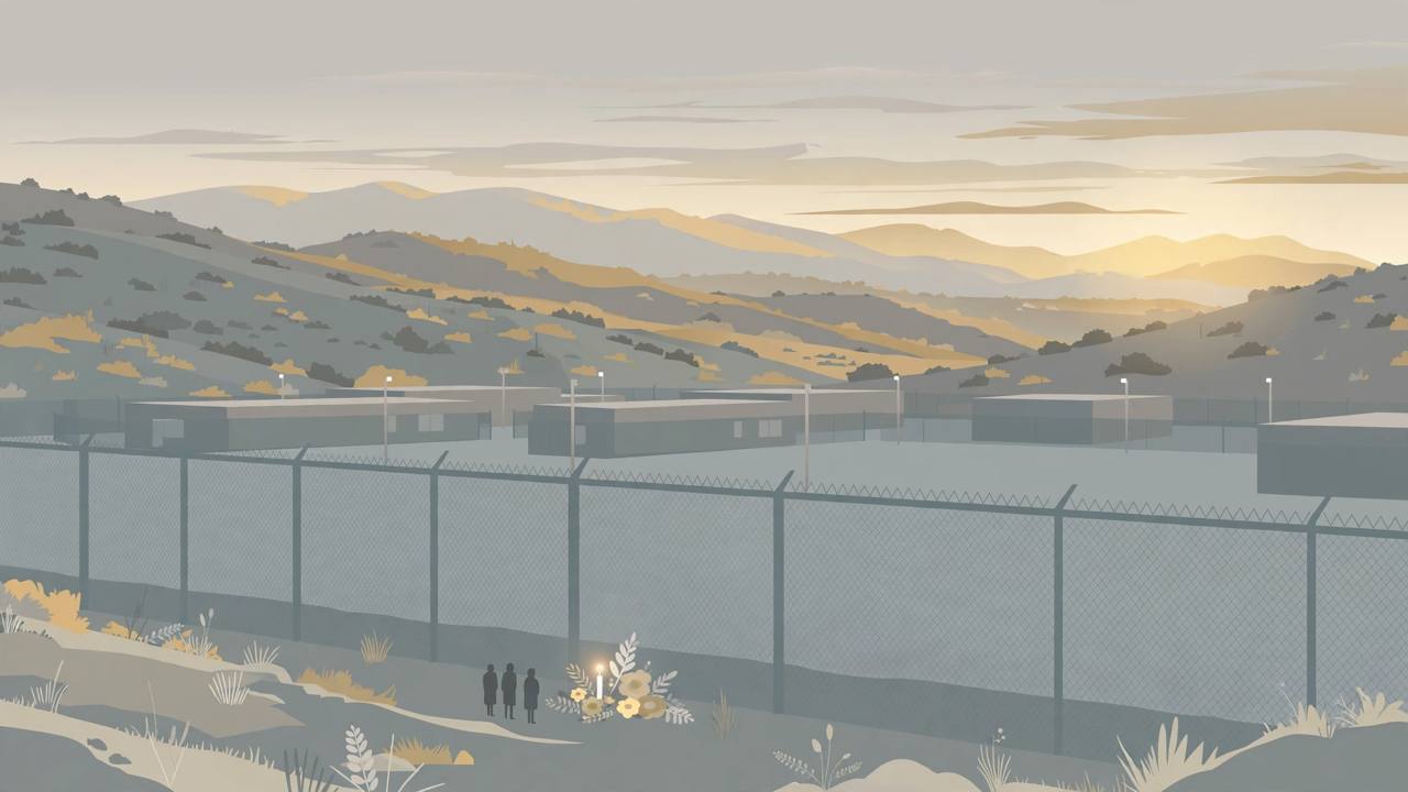 Editorial illustration of a detention facility fence line in the San Diego County hills at dawn with a small candlelit vigil outside the fence