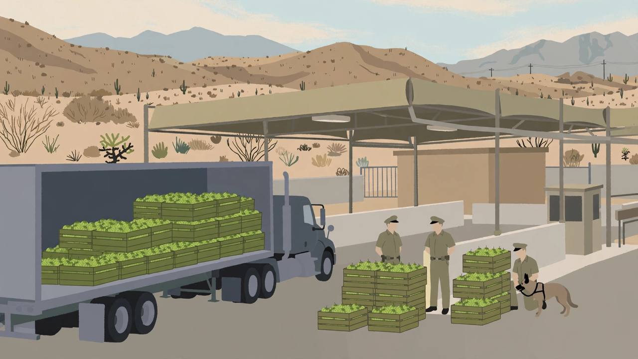 Editorial illustration of a semi truck loaded with tomatillo crates at a desert border inspection port, with generic officers and a detection dog, flat style, no text and no real person depicted