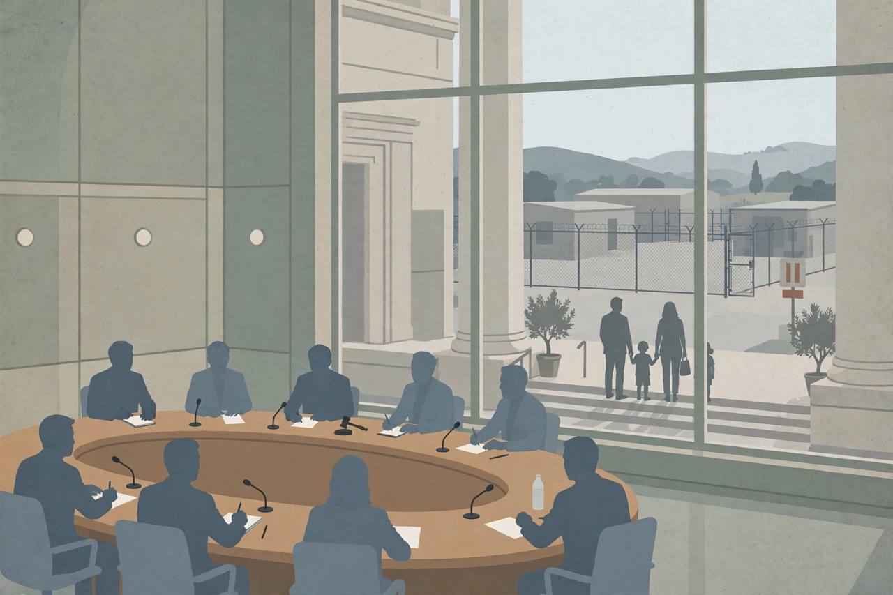 Editorial illustration of a California city council chamber, an empty fenced detention facility in the distance and a family standing outside city hall