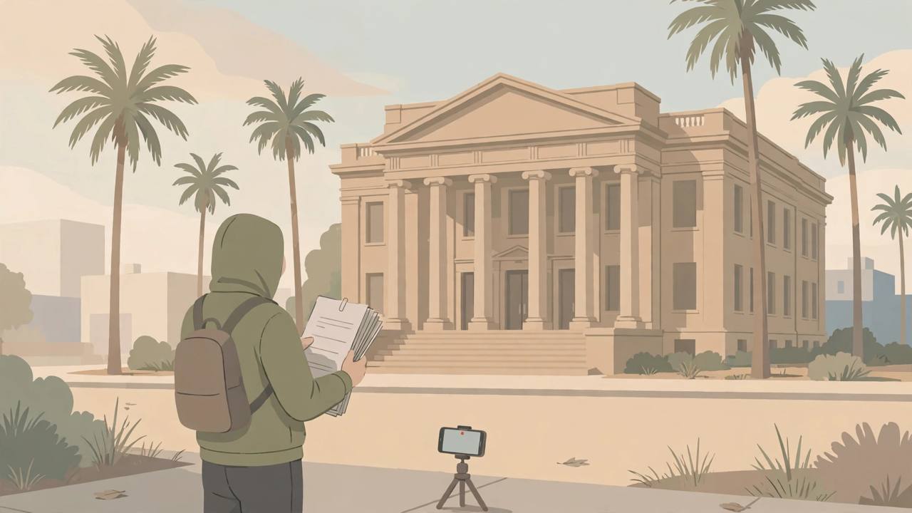 Editorial illustration of a generic figure holding legal papers in front of a courthouse with palm trees and a phone on a tripod, flat style, no text, no real person depicted