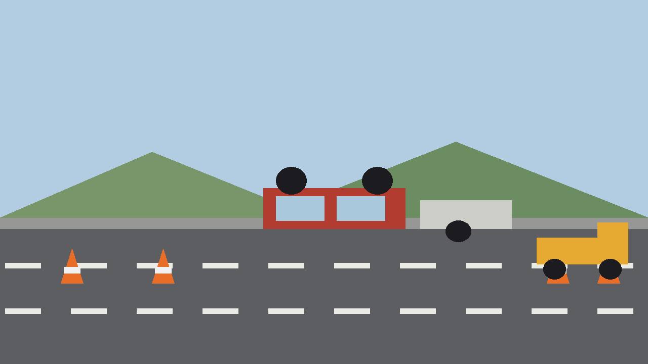 Editorial illustration of a generic highway construction zone with an overturned pickup truck on a median and traffic cones, flat style, no real person, no text