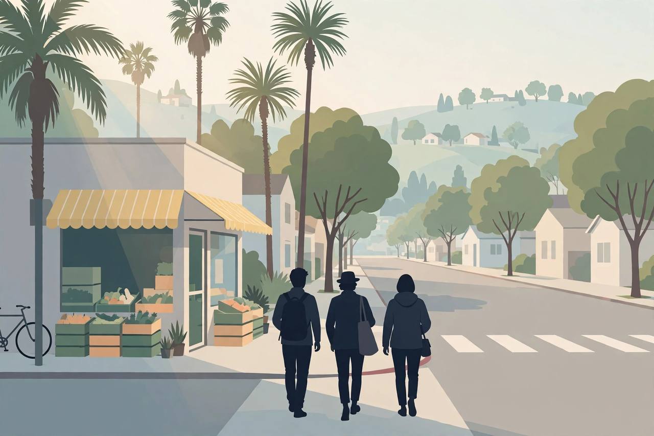Editorial illustration of a Bay Area neighbourhood grocery market and street corner in the morning; no real person is depicted