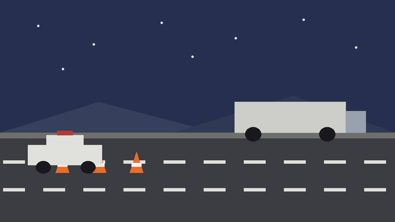 Editorial illustration of a generic night-time freeway with a parked semi trailer on the shoulder in the distance and traffic cones, flat style, no crash depicted, no real person or place, no text