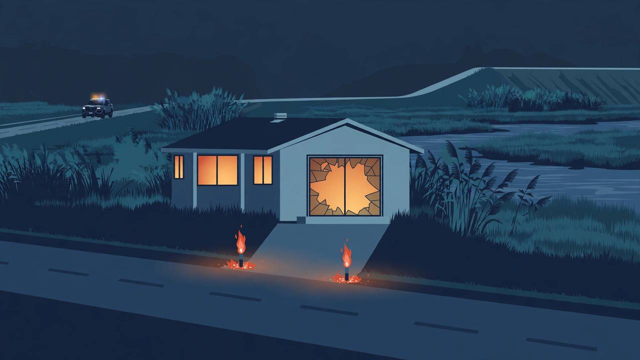 Editorial illustration of a house on a Sacramento Delta levee road at night with a shattered sliding glass door, firelight inside and two road flares burning on the driveway