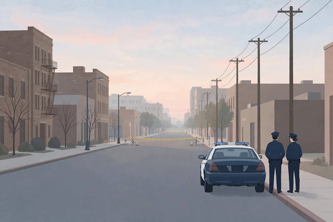 Editorial illustration of a quiet early-morning Sacramento street near the Railyards with a patrol car and investigators in the distance and a road closed far ahead, flat style, the collision itself is not depicted