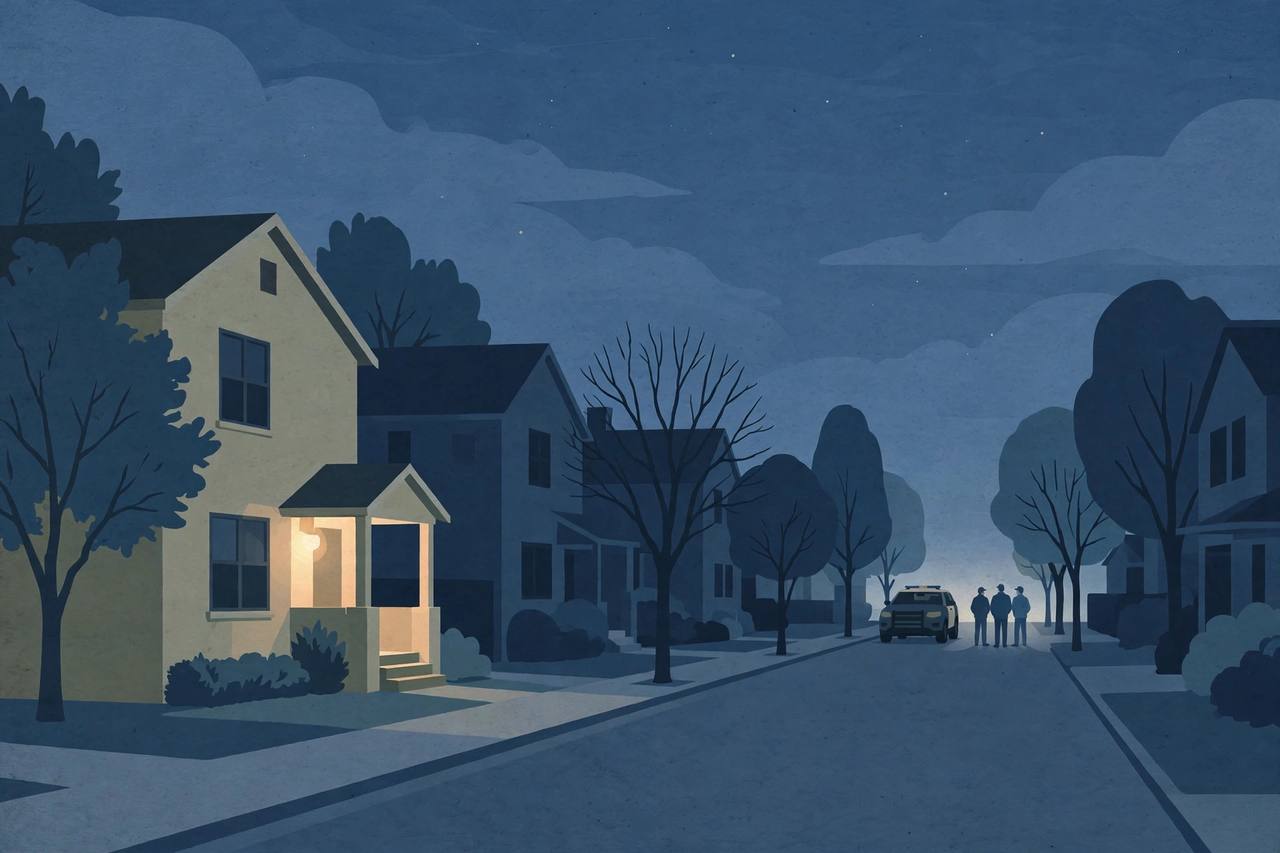 Editorial illustration of a quiet Sacramento residential street at night with a house porch light on and a patrol vehicle in the distance; no real person is depicted