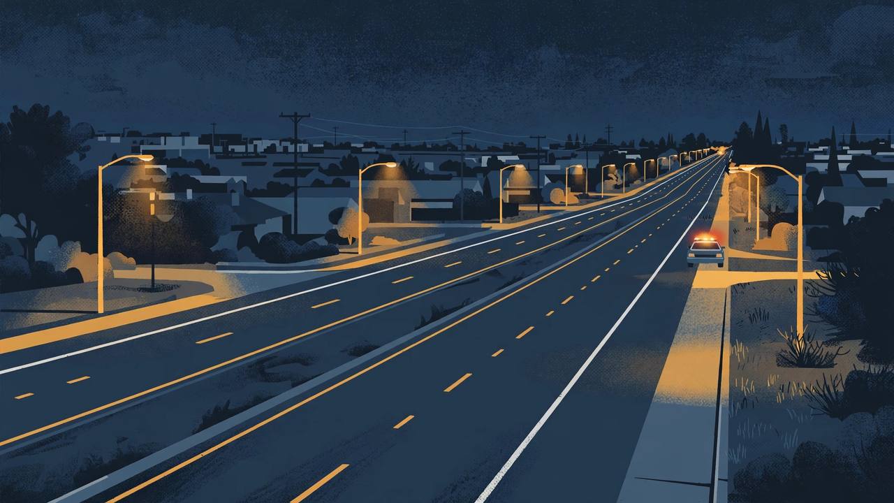 Editorial illustration of a wide Sacramento arterial road at night under streetlights, with a patrol car at the roadside in the distance