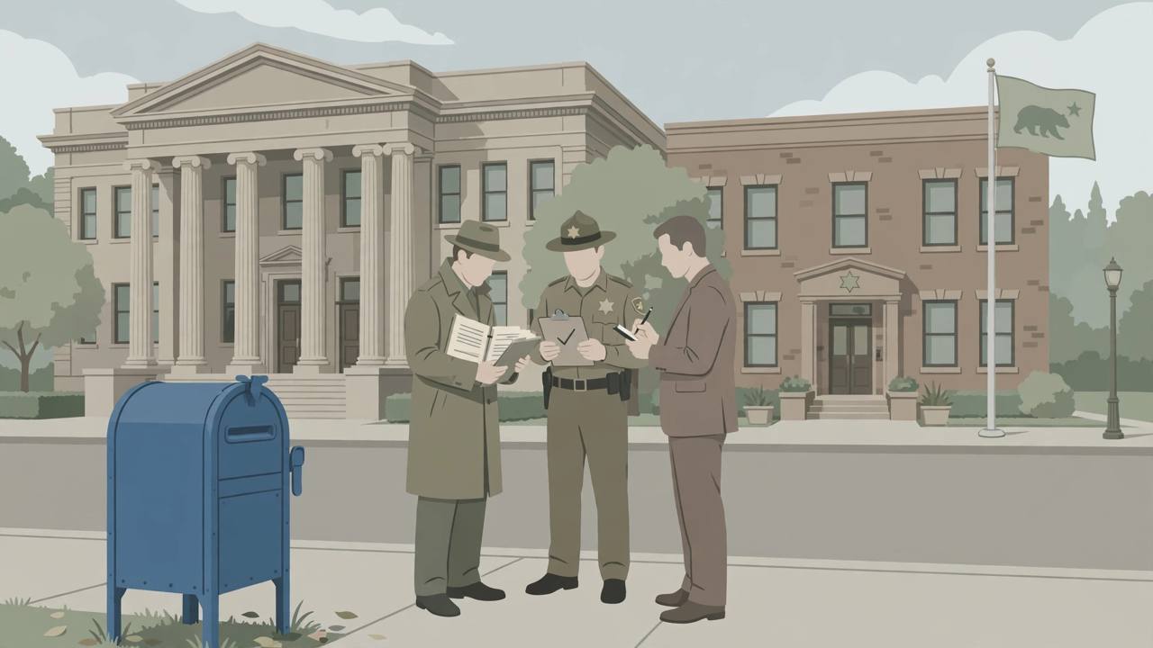 Editorial illustration of a Sacramento courthouse and a mailbox, flat style, no real person, respectful tone