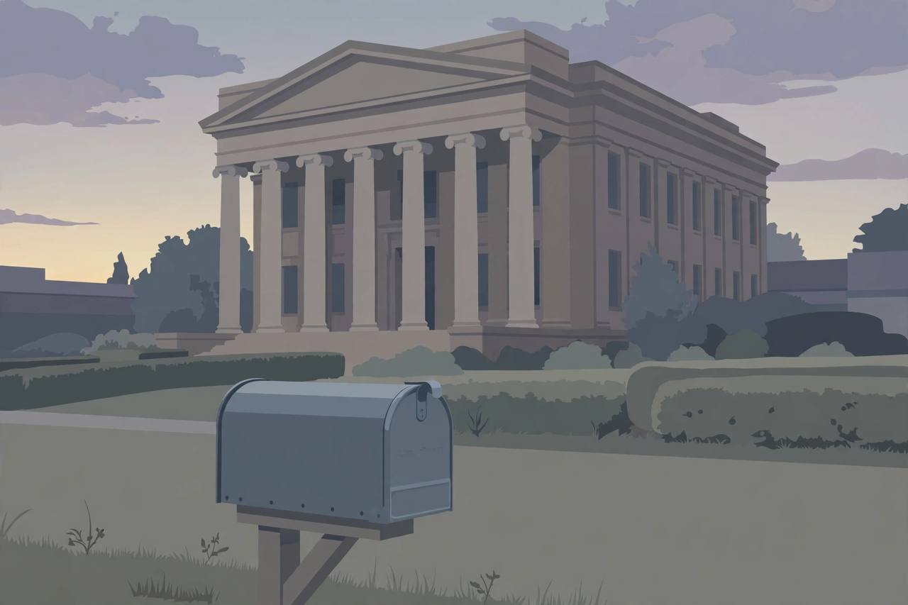 Editorial illustration of a courthouse with columns and a suburban mailbox in the foreground at dusk, somber muted tones, no people
