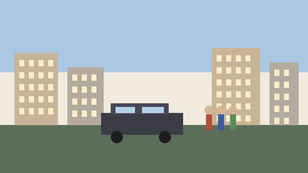 Editorial illustration of a generic California street with an unmarked vehicle and residents, flat style, no real person or place depicted