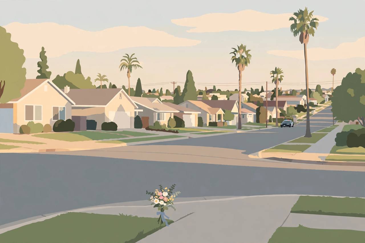 Editorial illustration of a quiet residential street in Sacramento with flowers placed respectfully at a corner, flat style, no incident depicted, no person depicted