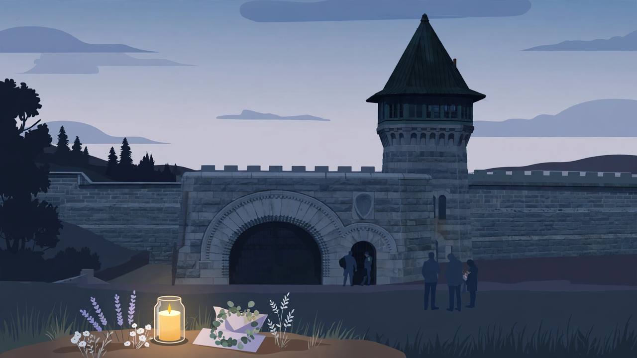 Editorial illustration of a California state prison exterior at dusk in Folsom with high walls, a watchtower and a single memorial light in the foreground