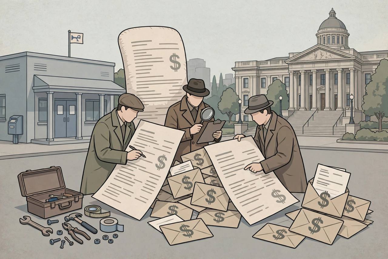 Editorial illustration of generic investigators examining inflated postal repair invoices in front of a courthouse, flat style, no real person