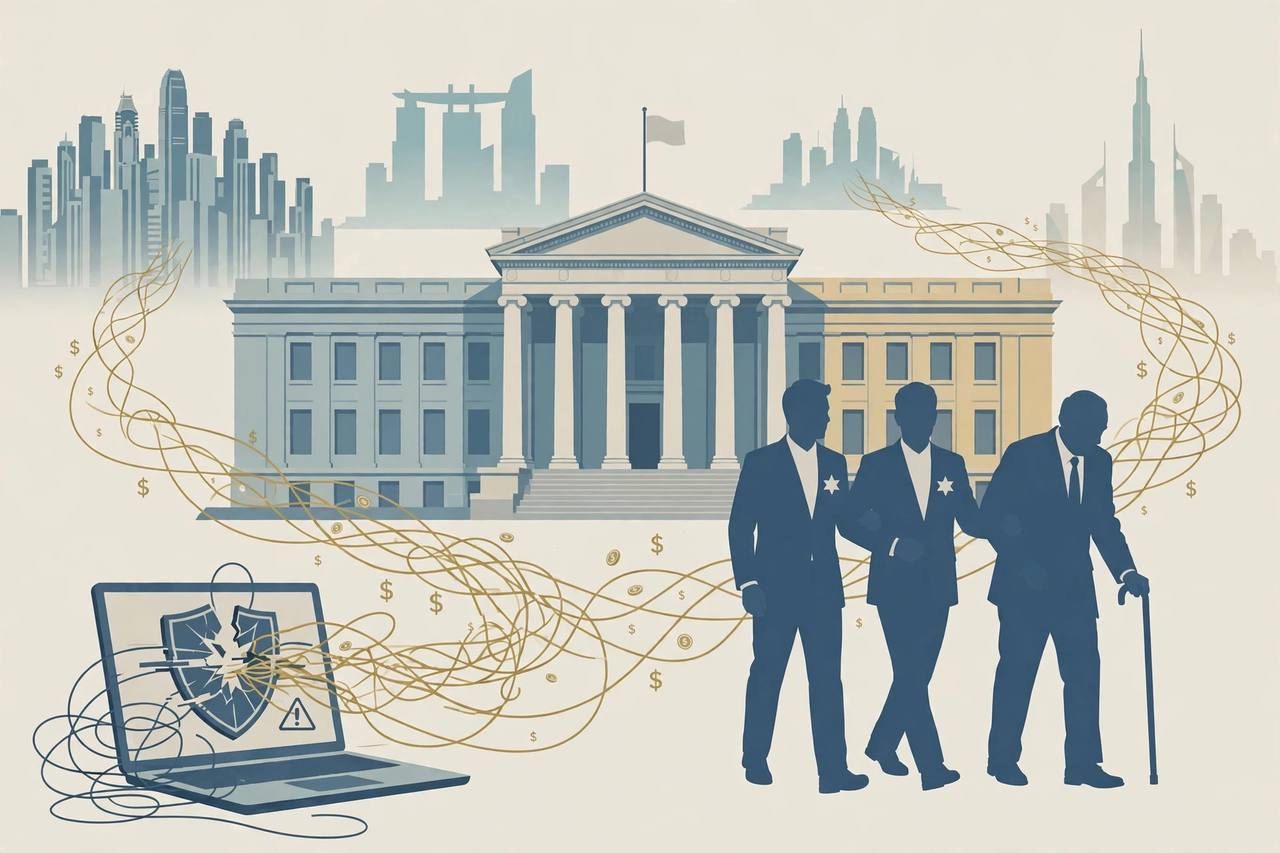 Editorial illustration of a generic federal courthouse in Sacramento with a generic businessman silhouette led by investigators and global office towers behind, flat style, no real person